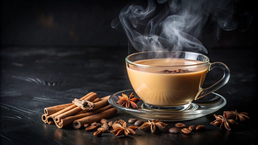 a steaming cup of masala chai with spices and coffee beans on a dark surface.